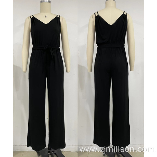 Suspended V Neck Waist Strap Straight Tube Jumpsuit